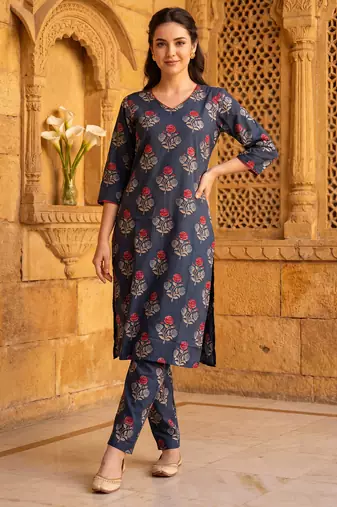 Teal printed cotton kurta trouser set