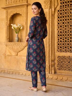 Teal printed cotton kurta trouser set 3