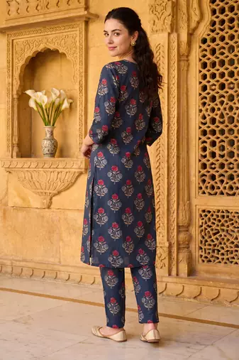 Teal printed cotton kurta trouser set