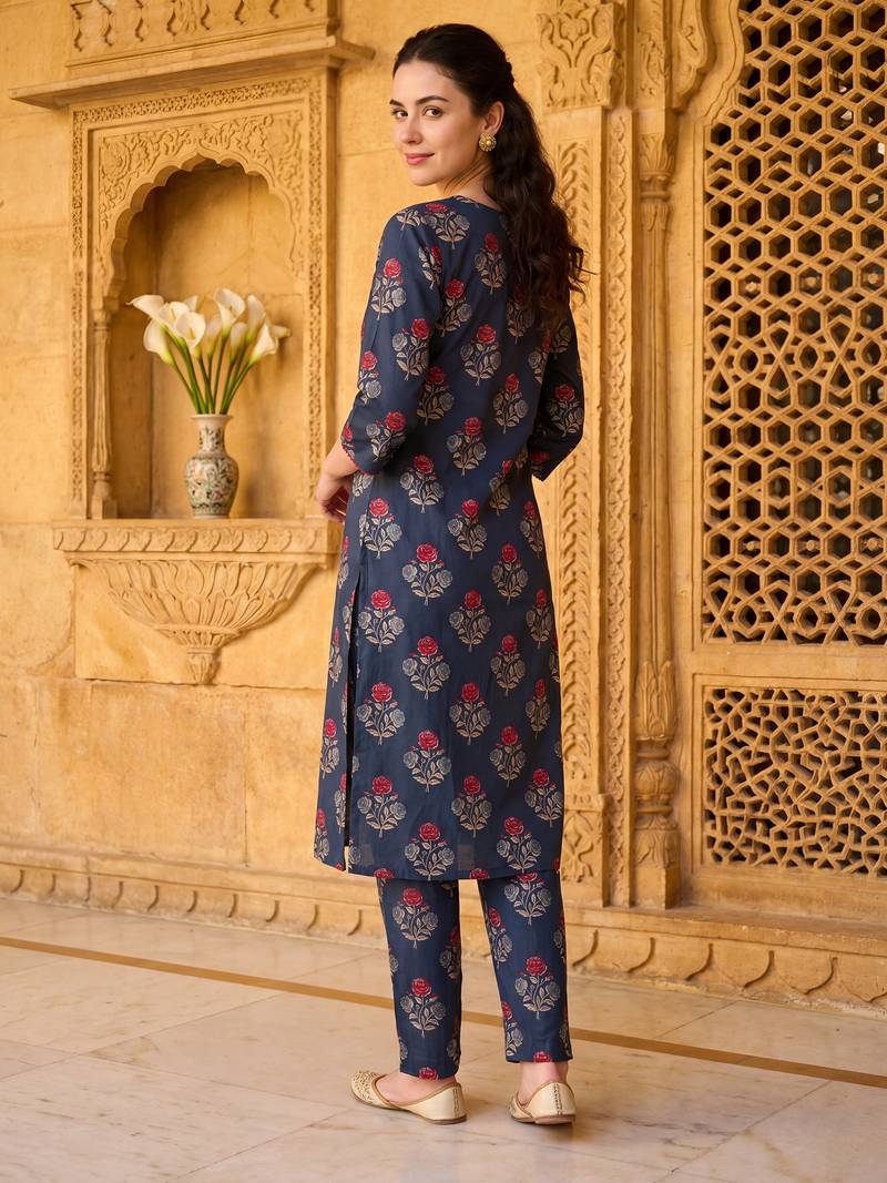 Teal printed cotton kurta trouser set