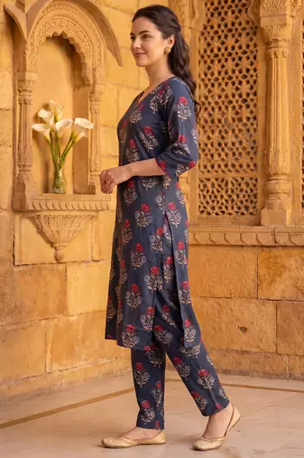 Teal printed cotton kurta trouser set