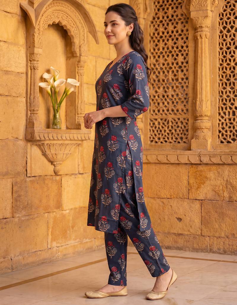 Teal printed cotton kurta trouser set