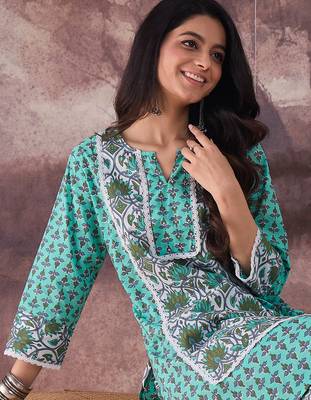 Green printed cotton kurta trouser set 1