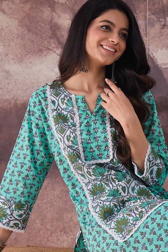 Green printed cotton kurta trouser set