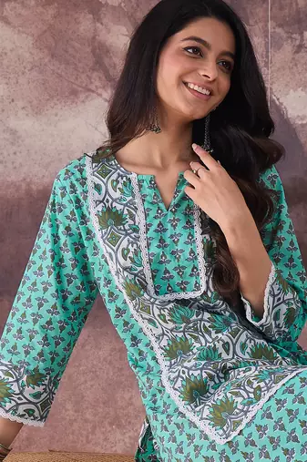 Green printed cotton kurta trouser set