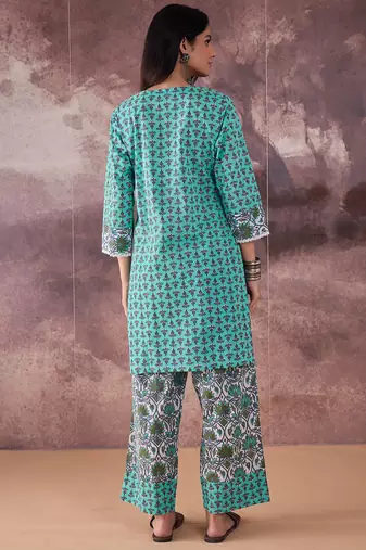 Green printed cotton kurta trouser set