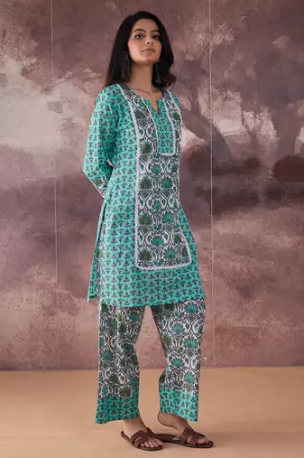 Green printed cotton kurta trouser set