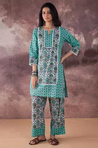 Green printed cotton kurta trouser set
