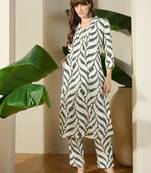Off white printed viscose rayon kurta trouser set