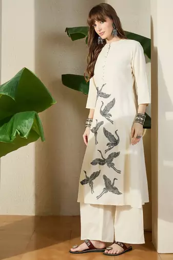 White printed cotton kurta trouser set