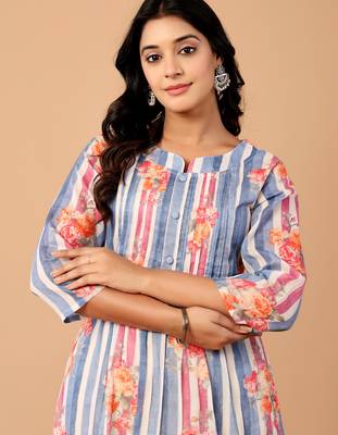 Blue printed cotton kurta trouser set 1