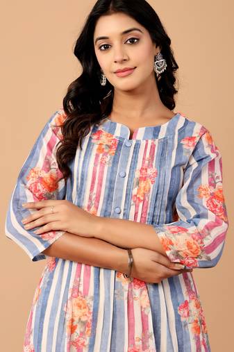 Blue printed cotton kurta trouser set