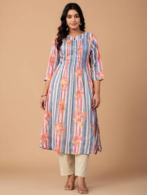 Blue printed cotton kurta trouser set 2