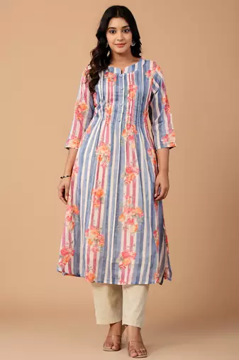 Blue printed cotton kurta trouser set