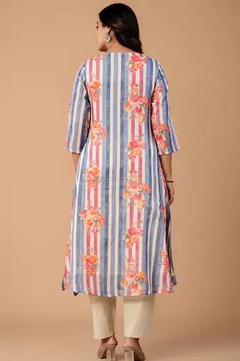 Blue printed cotton kurta trouser set