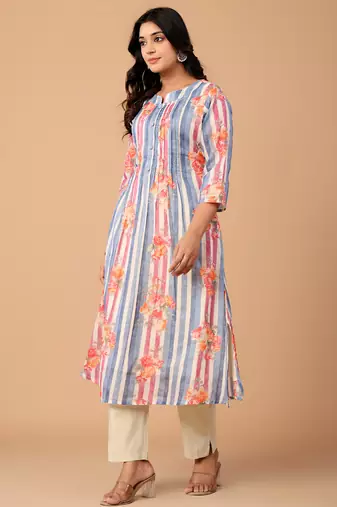 Blue printed cotton kurta trouser set