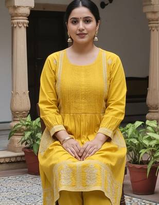 Mustard embroidered cotton kurta trouser set 1