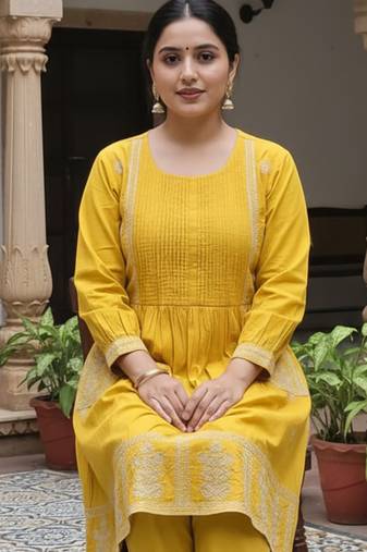 Mustard embroidered cotton kurta trouser set