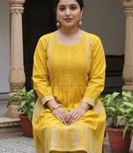 Mustard embroidered cotton kurta trouser set