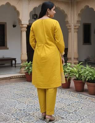 Mustard embroidered cotton kurta trouser set 2