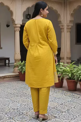 Mustard embroidered cotton kurta trouser set
