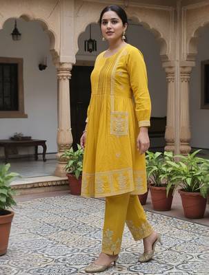 Mustard embroidered cotton kurta trouser set 3