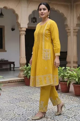 Mustard embroidered cotton kurta trouser set