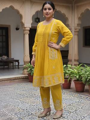 Mustard embroidered cotton kurta trouser set 4