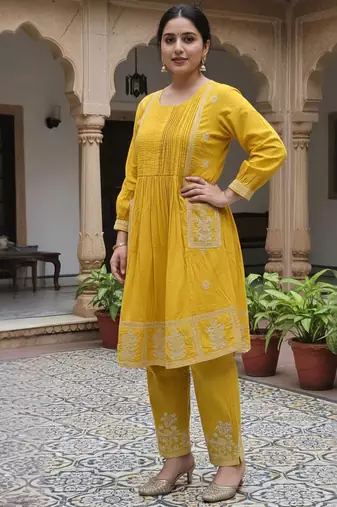 Mustard embroidered cotton kurta trouser set