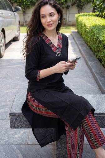Black printed cotton kurta trouser set