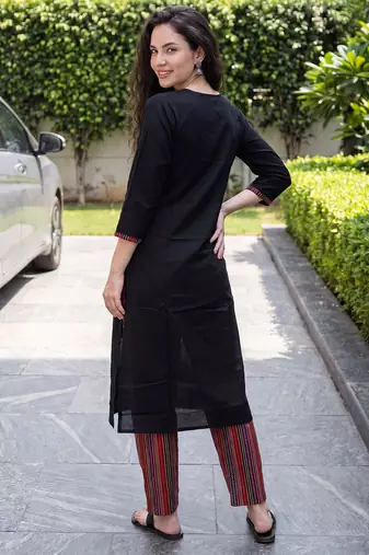 Black printed cotton kurta trouser set