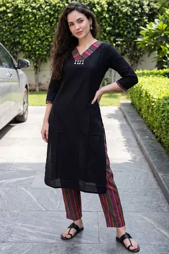 Black printed cotton kurta trouser set