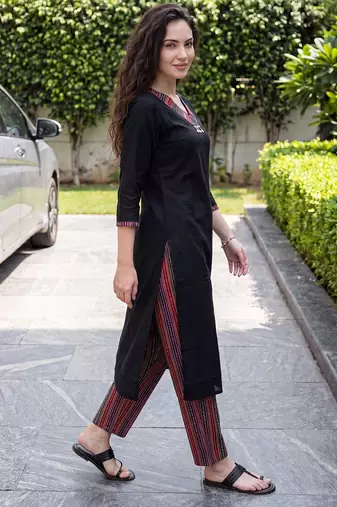 Black printed cotton kurta trouser set