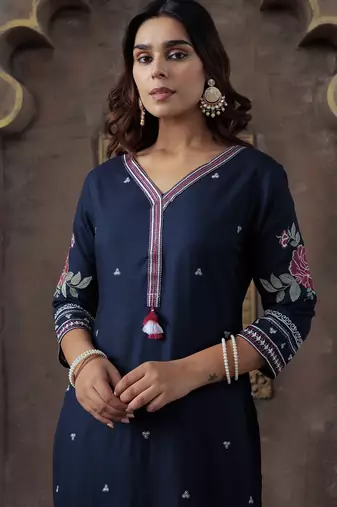 Navy blue embroidered silk kurta trouser set
