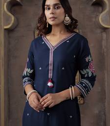 Navy blue embroidered silk kurta trouser set