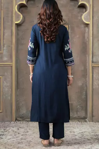 Navy blue embroidered silk kurta trouser set