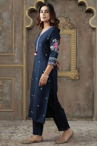 Navy blue embroidered silk kurta trouser set