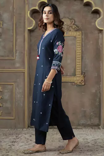 Navy blue embroidered silk kurta trouser set
