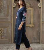 Navy blue embroidered silk kurta trouser set
