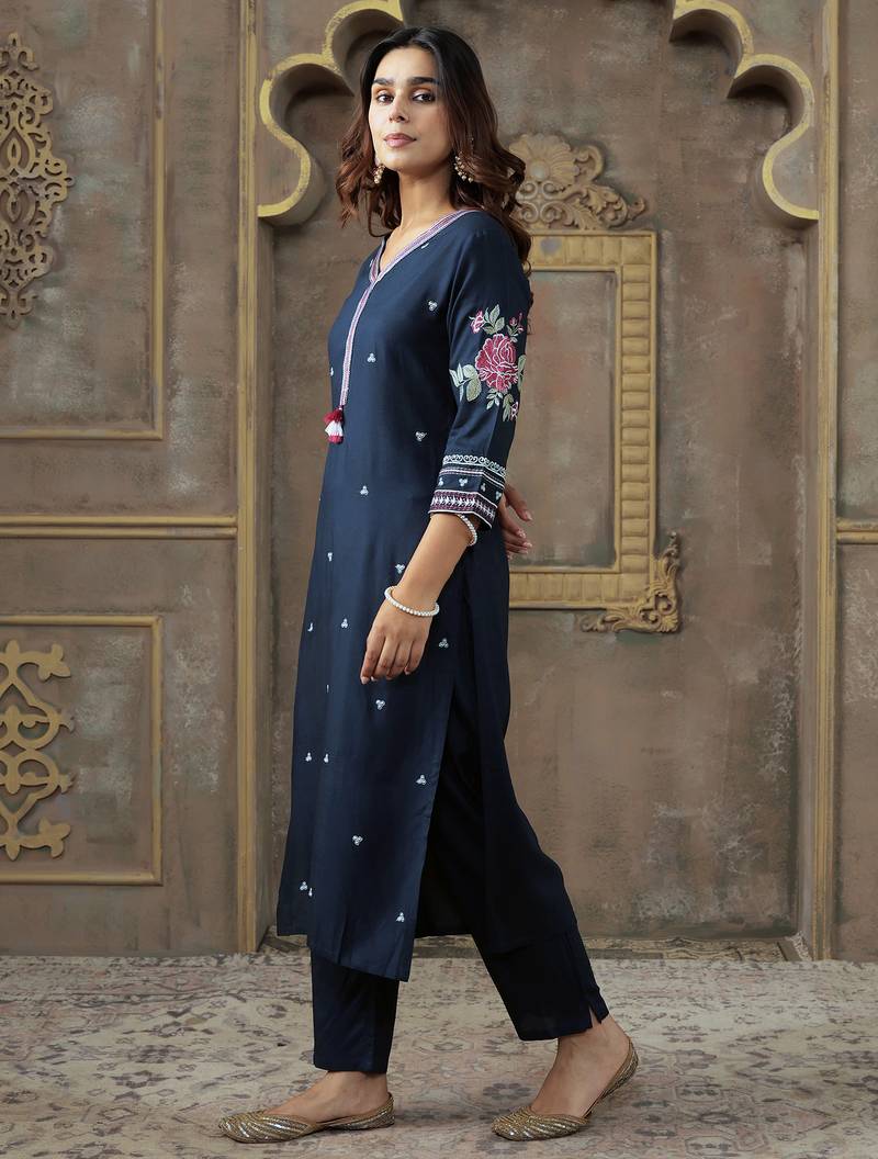 Navy blue embroidered silk kurta trouser set
