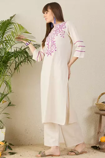 Off white printed cotton kurta trouser set