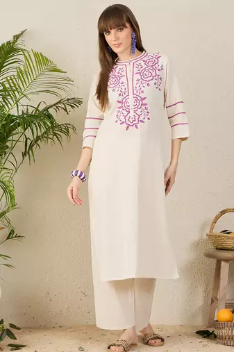 Off white printed cotton kurta trouser set