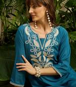 Blue embroidered viscose rayon kurta trouser set