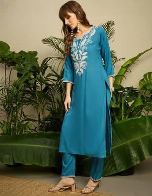 Blue embroidered viscose rayon kurta trouser set 3