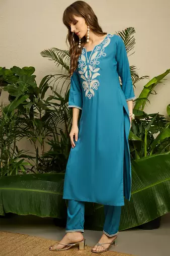 Blue embroidered viscose rayon kurta trouser set