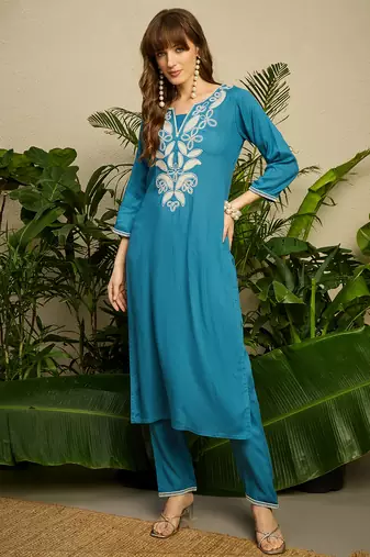 Blue embroidered viscose rayon kurta trouser set