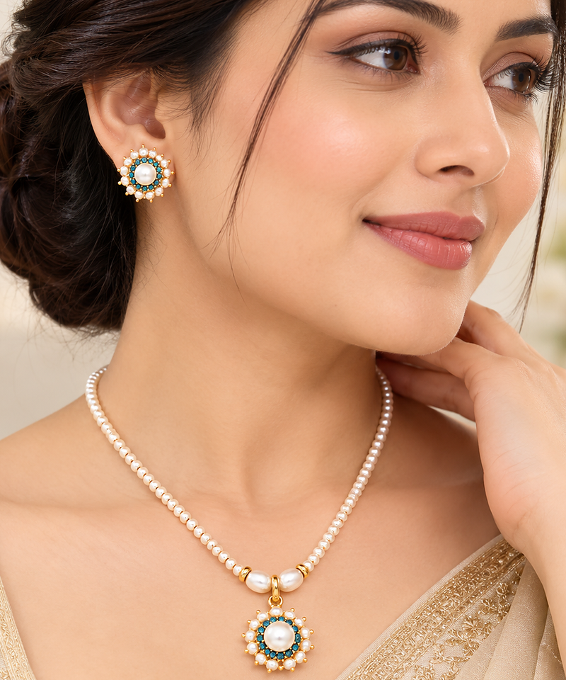 Certified Natural Freshwater Pearls with blue stone pendant set 