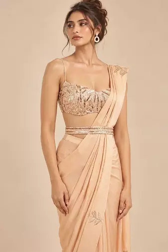 Champagne gold embroidered saree set with embroidery belt