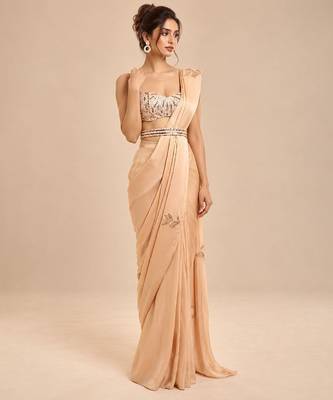 Champagne gold embroidered saree set with embroidery belt 4