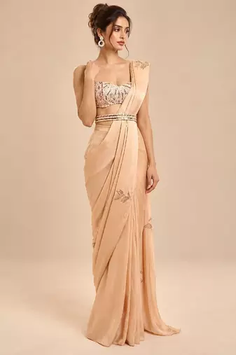 Champagne gold embroidered saree set with embroidery belt
